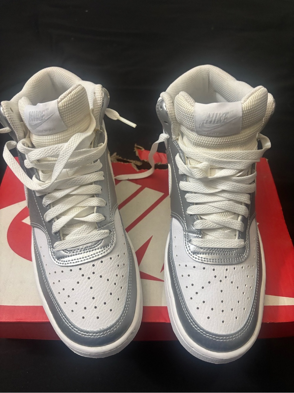 Nike women's High-Top Sneakers in White and Silver Metallic